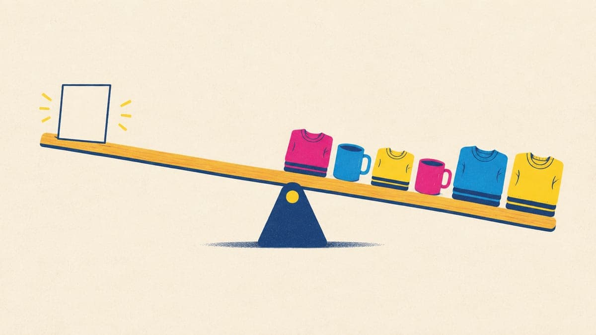 Seesaw with a blank card on one end and a row of folded shirts, mugs and sweatshirts tipping the other end down