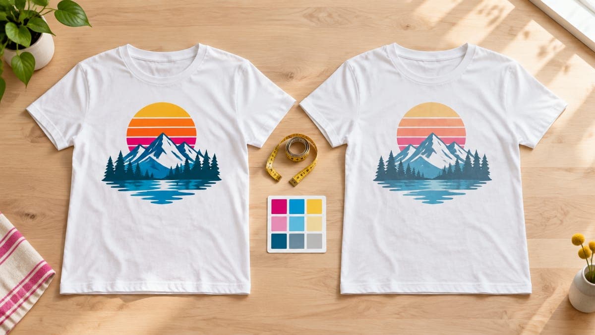 Two white t-shirts with the same mountain sunset print side by side, one slightly more vivid, with a tape measure