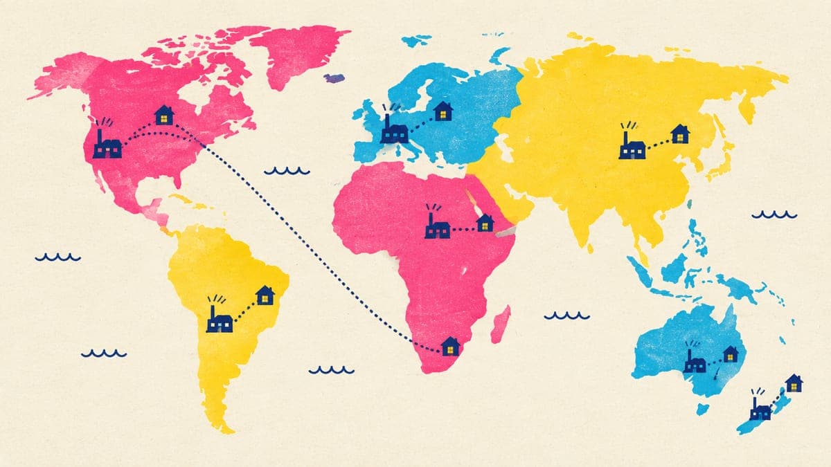 Stylized world map with print workshops sending parcels to nearby houses, and one long route crossing an ocean