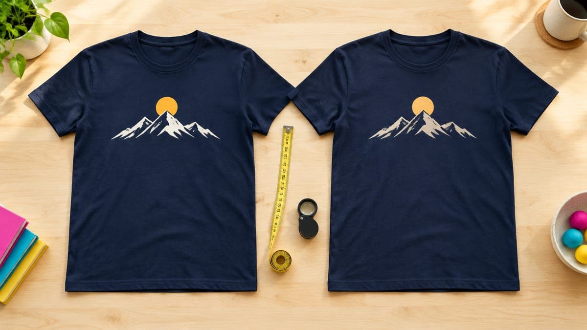 Two navy t-shirts with the same mountain print laid side by side with a loupe and measuring tape for comparison