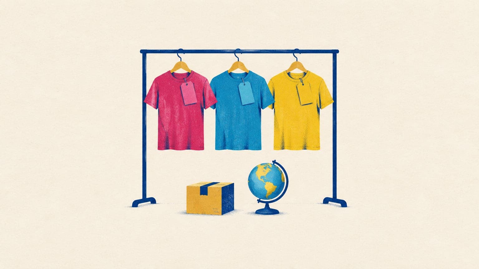 Three t-shirts on hangers with magenta, cyan and yellow tags above a parcel box and a small globe