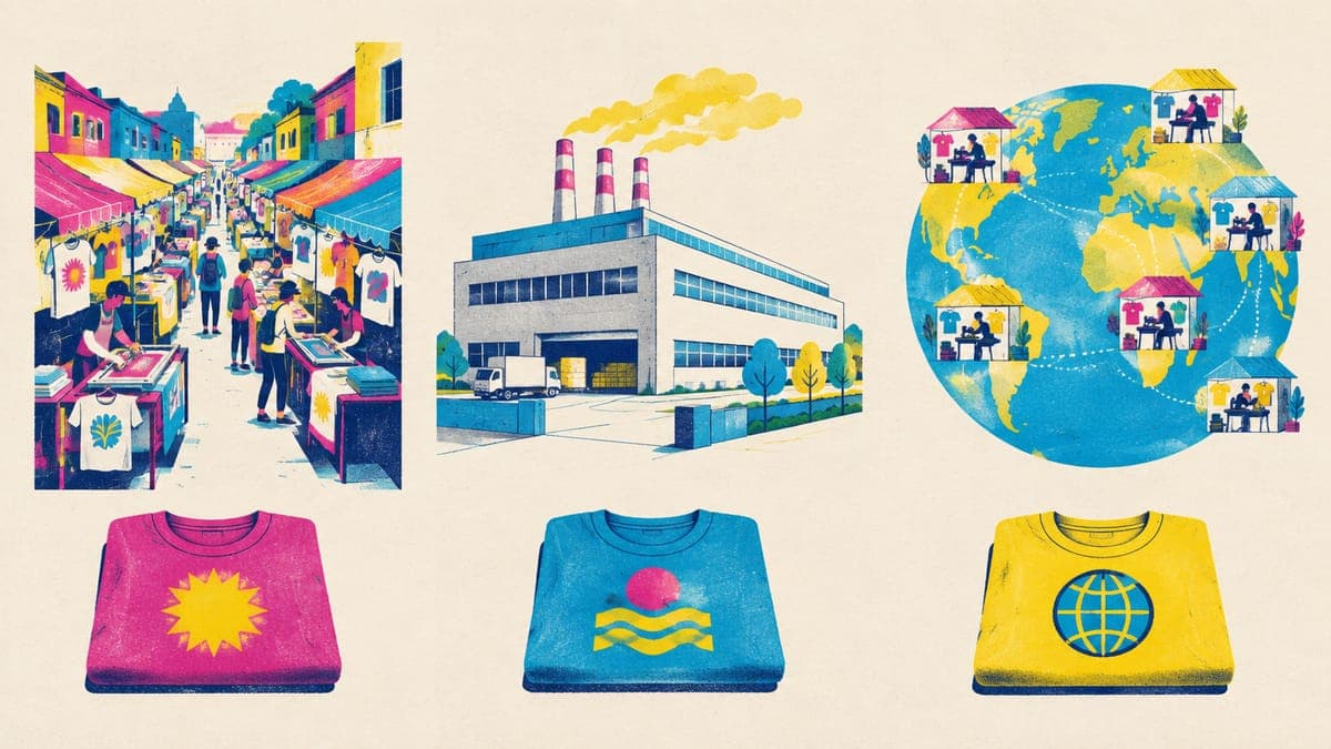 Three panels: a market of small print stalls, one large factory, and a globe dotted with local workshops