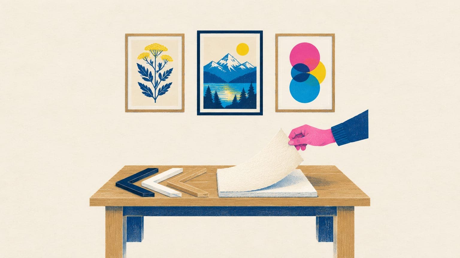 Gallery wall of three framed prints above a workbench where a hand lifts textured paper beside frame corner samples
