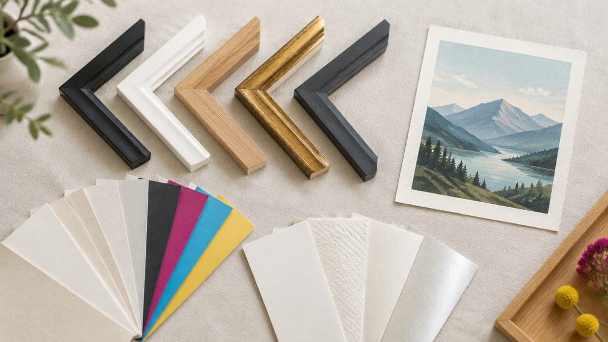 Frame corner samples in five finishes and fanned paper swatches beside a small mountain landscape print