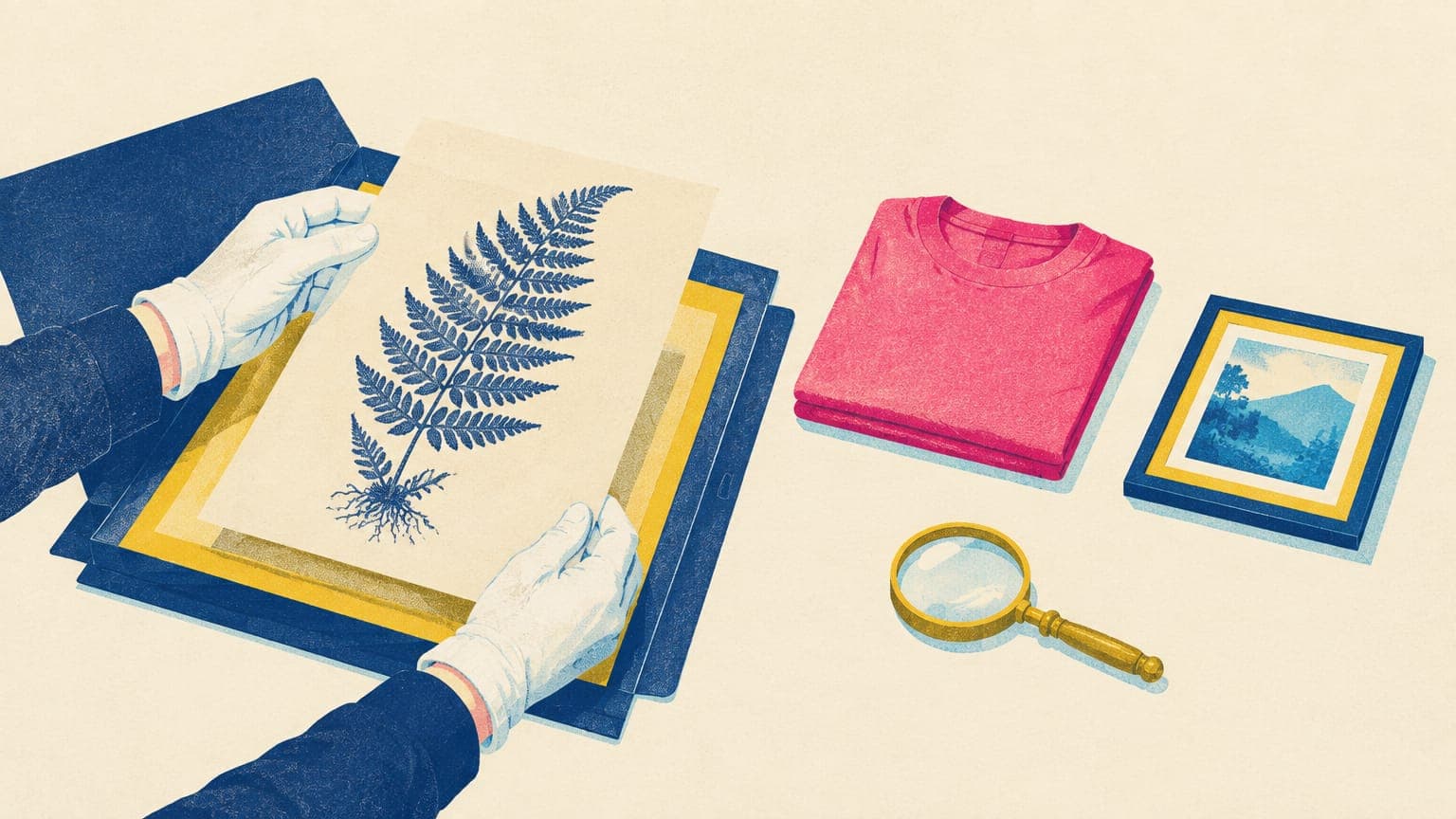 Gloved hands lifting an antique fern engraving next to a folded t-shirt and a framed print