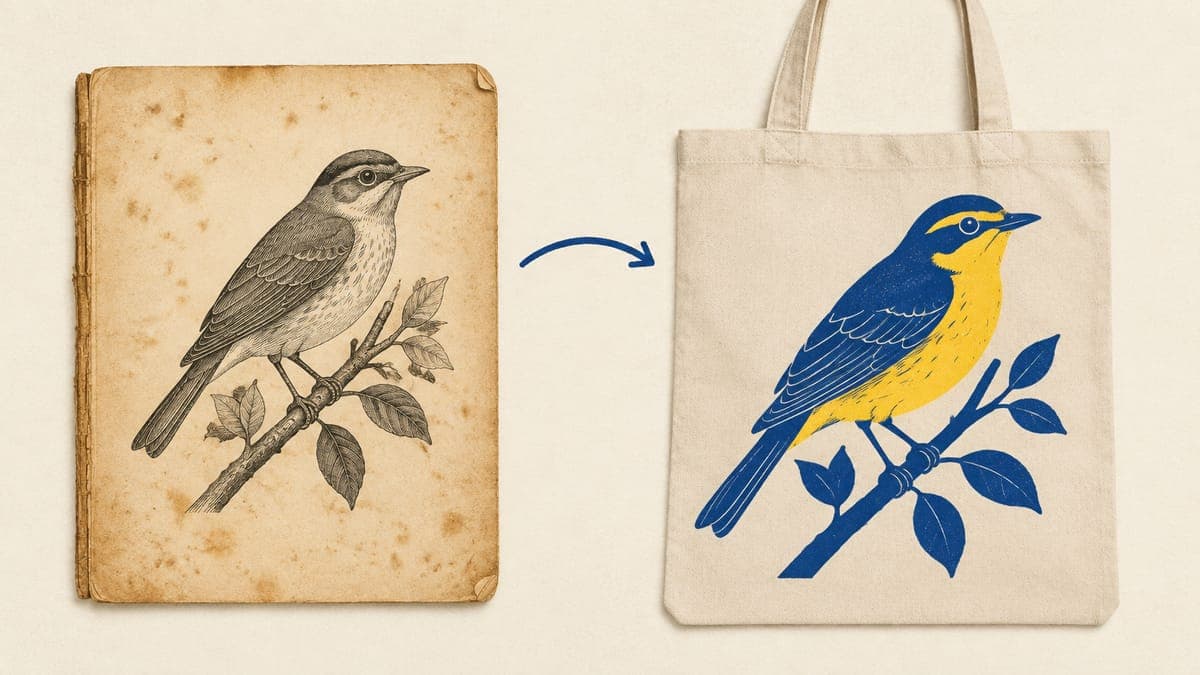 Old yellowed page with a bird engraving beside the same bird recolored and printed on a tote bag
