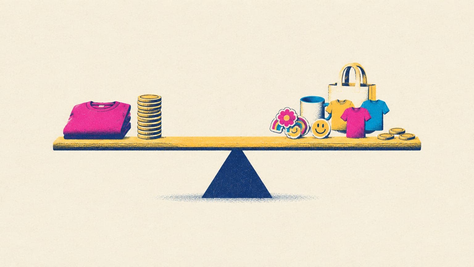 A balanced seesaw with one folded t-shirt and a tall coin stack on one end, many small products and few coins on the other