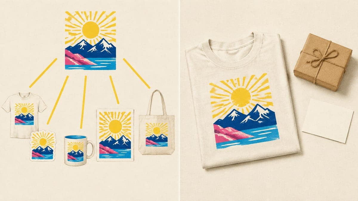 One sun-and-mountains design spread across many products on the left, one carefully packed t-shirt order on the right