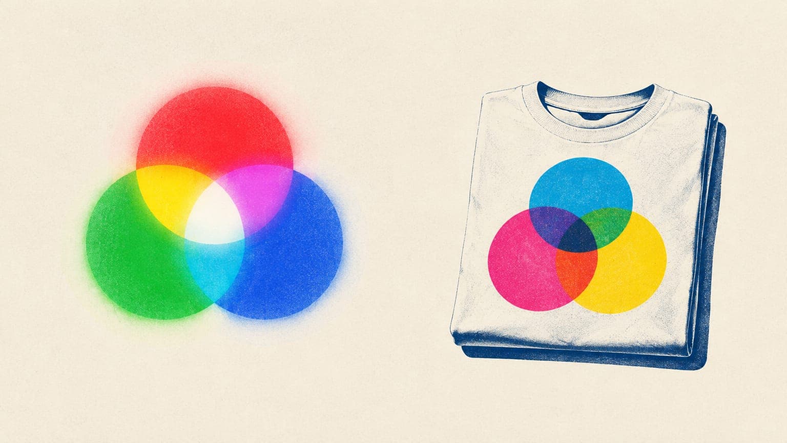 Overlapping circles of colored light on the left and overlapping ink circles printed on a folded t-shirt on the right