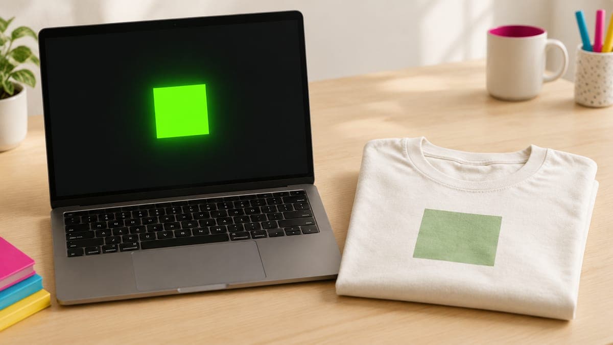 Laptop showing a bright green square beside a t-shirt printed with the same square in a softer green