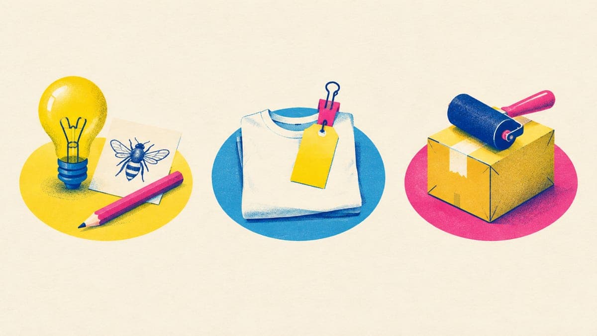 Three objects in a row: a lightbulb with a bee sketch, a tag clipped to a t-shirt, and a parcel with a print roller