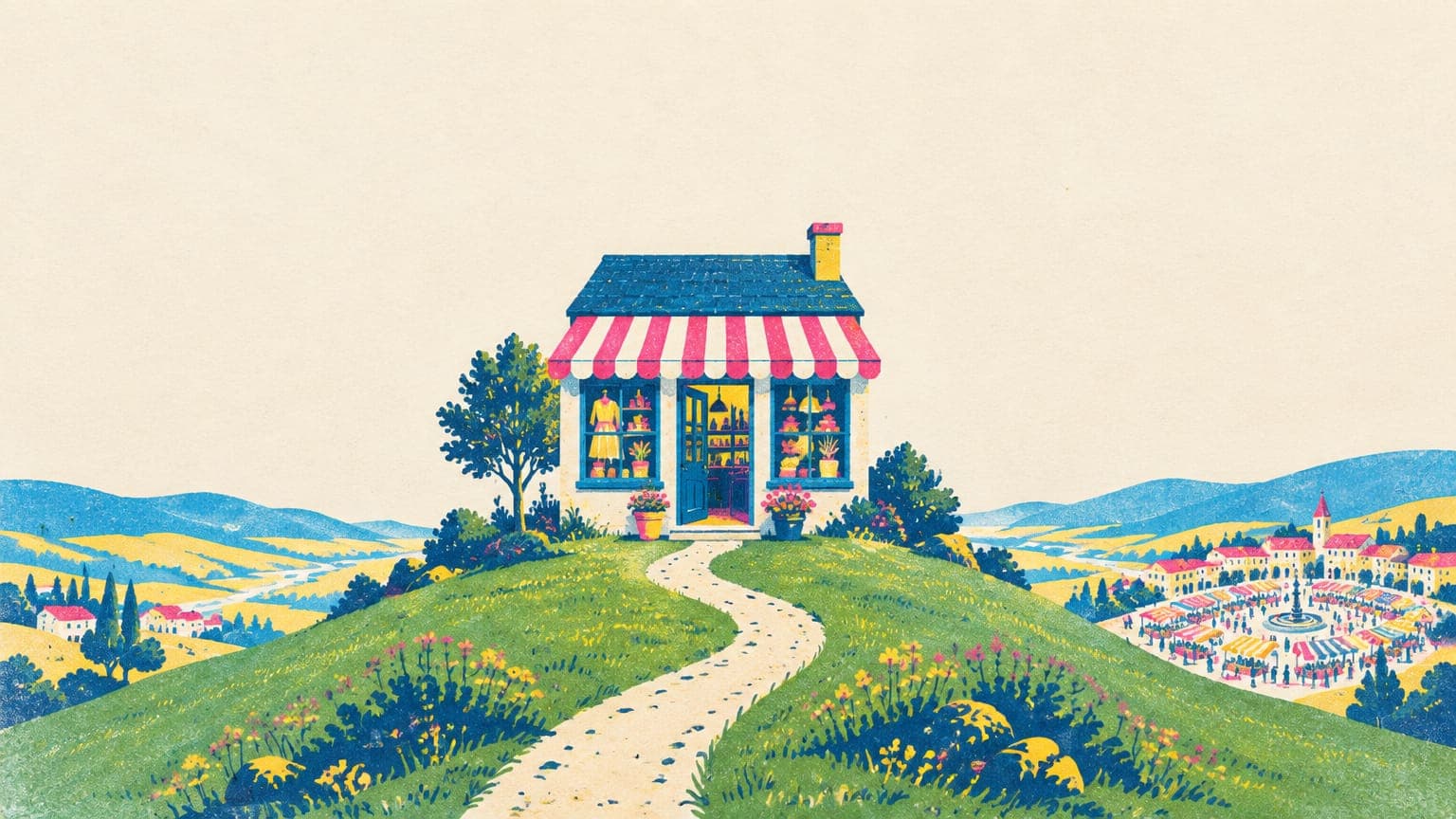A small standalone shop on a hill with a path to its door, a crowded market square far below in the valley