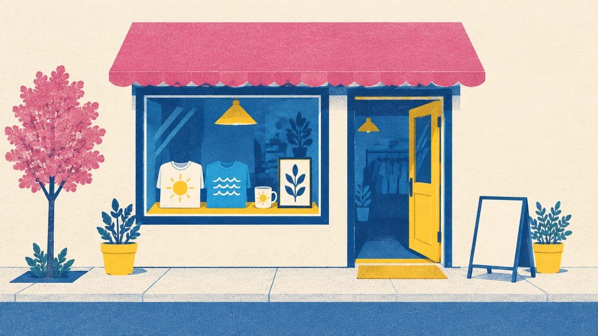 A small shop window displaying folded t-shirts, a mug and a framed print, with the door open