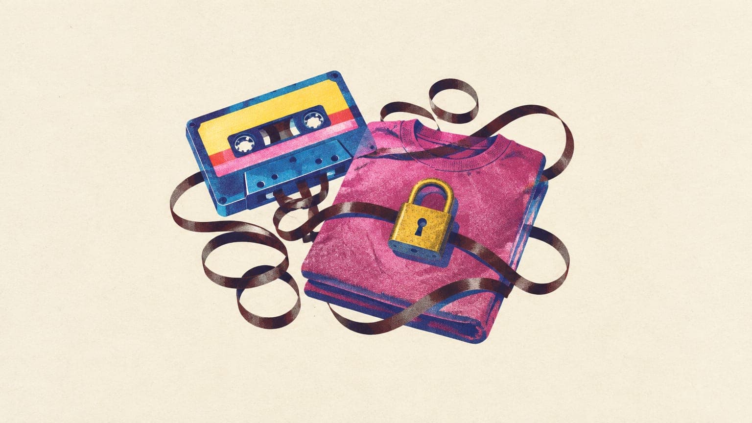 Cassette tape unspooling around a folded t-shirt with a small brass padlock resting on it