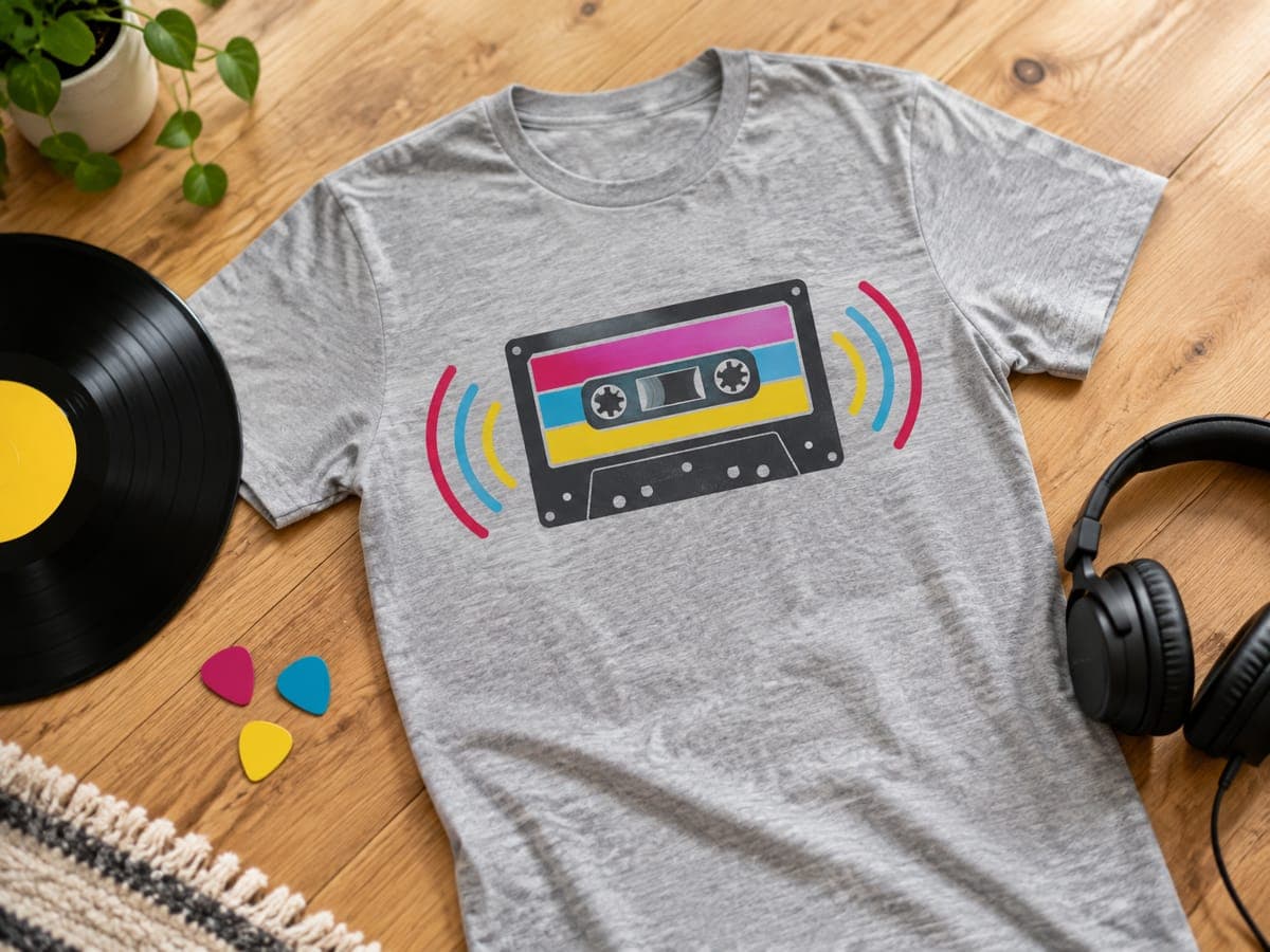 Grey t-shirt with a cassette and sound wave graphic beside a vinyl record, guitar picks and headphones