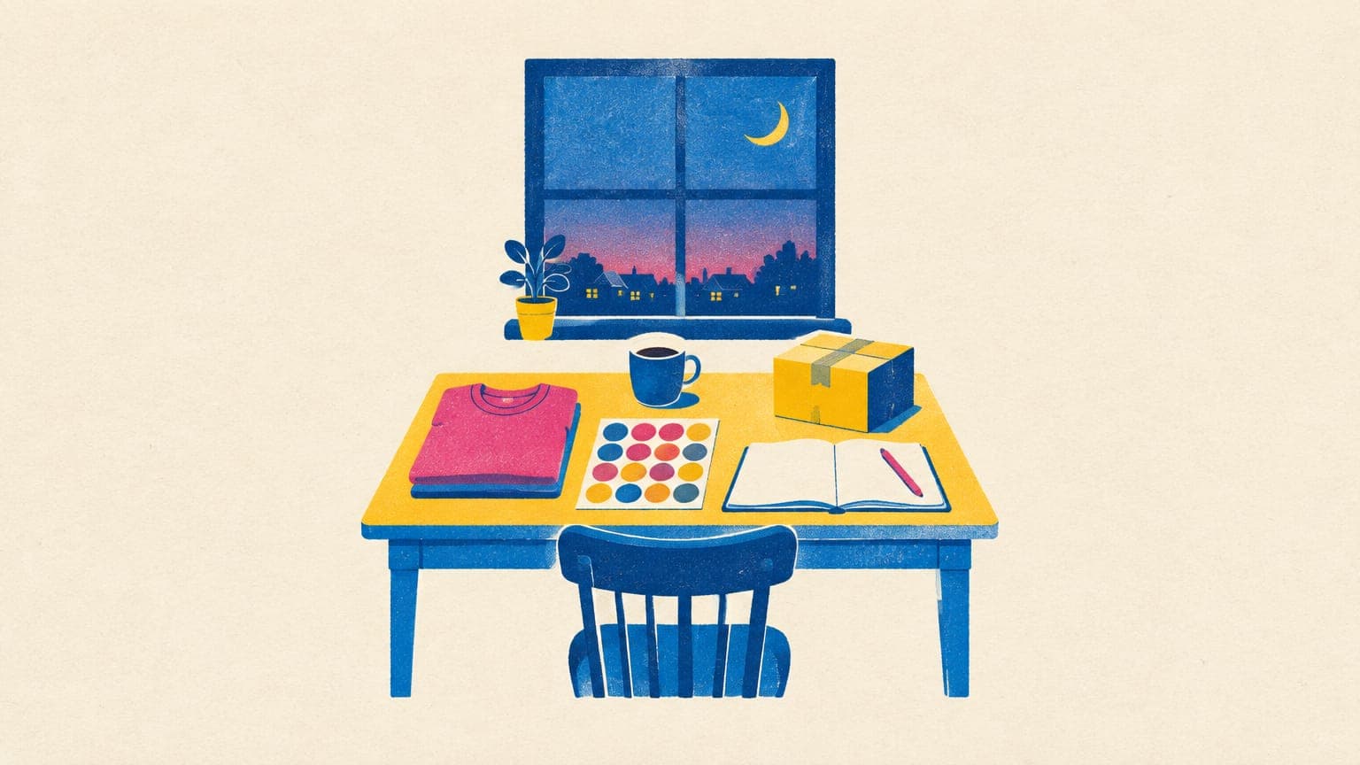 Kitchen table at dusk with a folded t-shirt, mug, stickers and a parcel box laid out beside a notebook