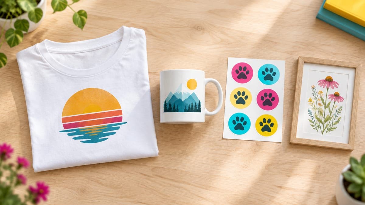Flat lay of a t-shirt, a mug, a sticker sheet and a framed print, each with a simple graphic motif