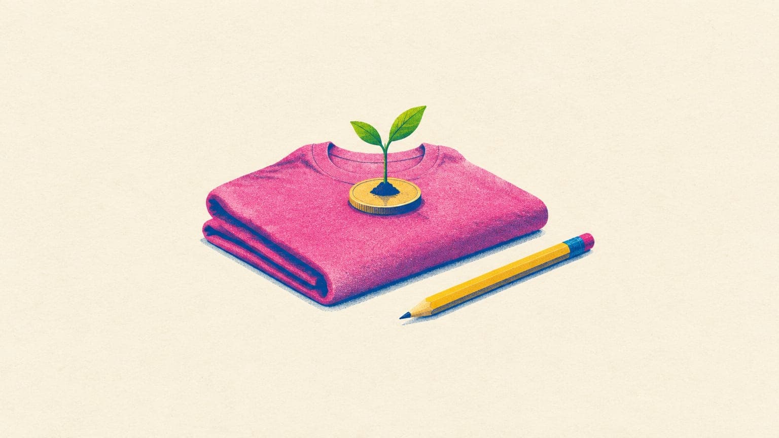 A seedling sprouting from a single coin on a folded t-shirt, with a pencil lying beside it.