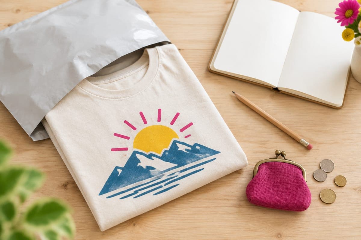 Flat lay of a sample t-shirt with a mountain sunrise print, a mailer bag, a notebook, a pencil and a coin purse.