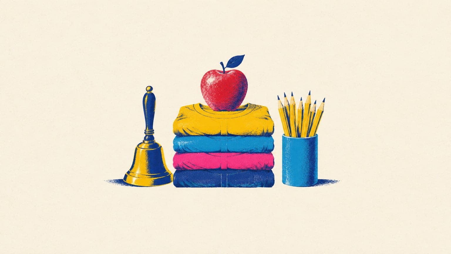 An apple on a stack of folded t-shirts next to a school bell and a cup of pencils