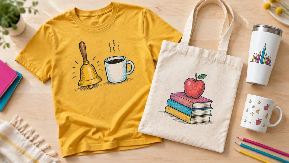 Flat lay of a mustard tee, canvas tote, tumbler and mug, each printed with simple school-themed doodles