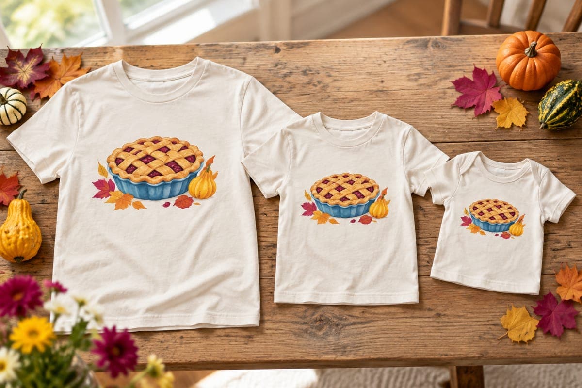 Three matching cream tees in adult, youth and baby sizes, each with the same pie illustration, on a wooden table