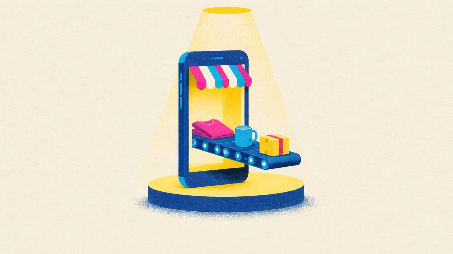 A smartphone like a shop counter with a folded t-shirt, a mug and a parcel sliding out of its screen on a conveyor belt