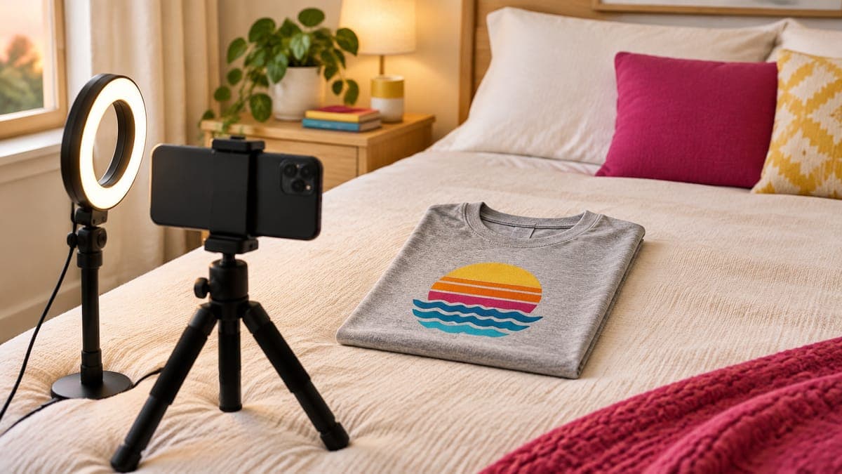 A phone on a tripod filming a folded t-shirt with a sunset print on a bed, with a small ring light beside it