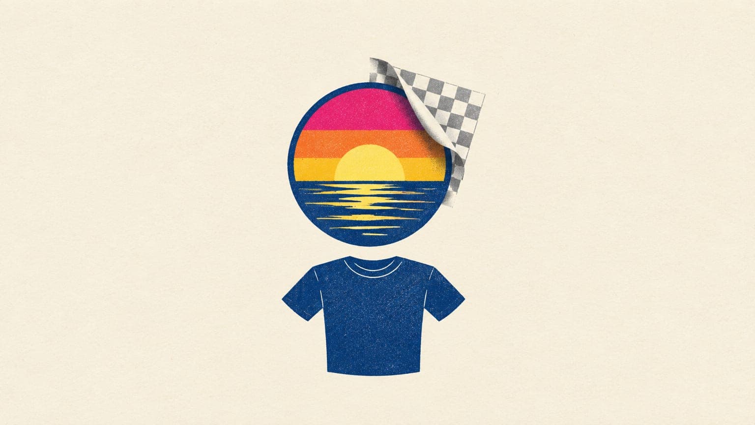 Sunset badge floating above a dark t-shirt while a checkerboard transparency sheet peels away behind it