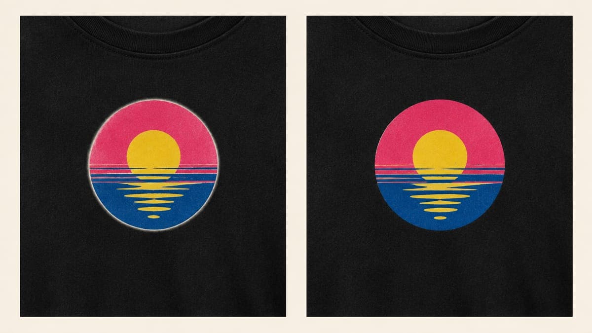 Sunset badge on a black t-shirt with a pale halo around its edge on the left and a clean edge on the right