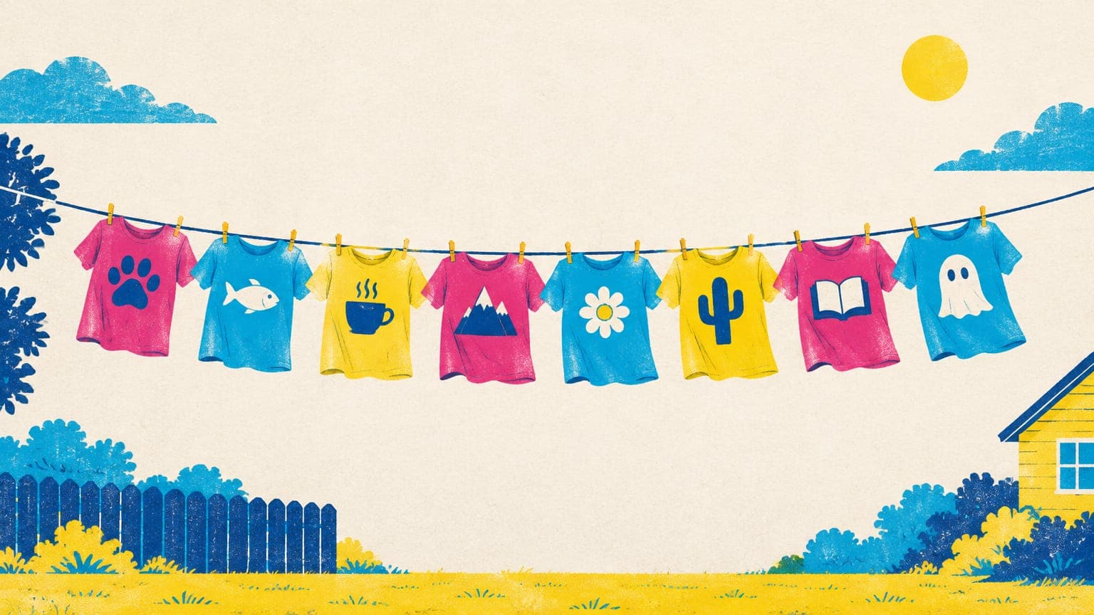 Clothesline of colorful t-shirts, each printed with a simple icon such as a paw, fish, coffee cup or mountain