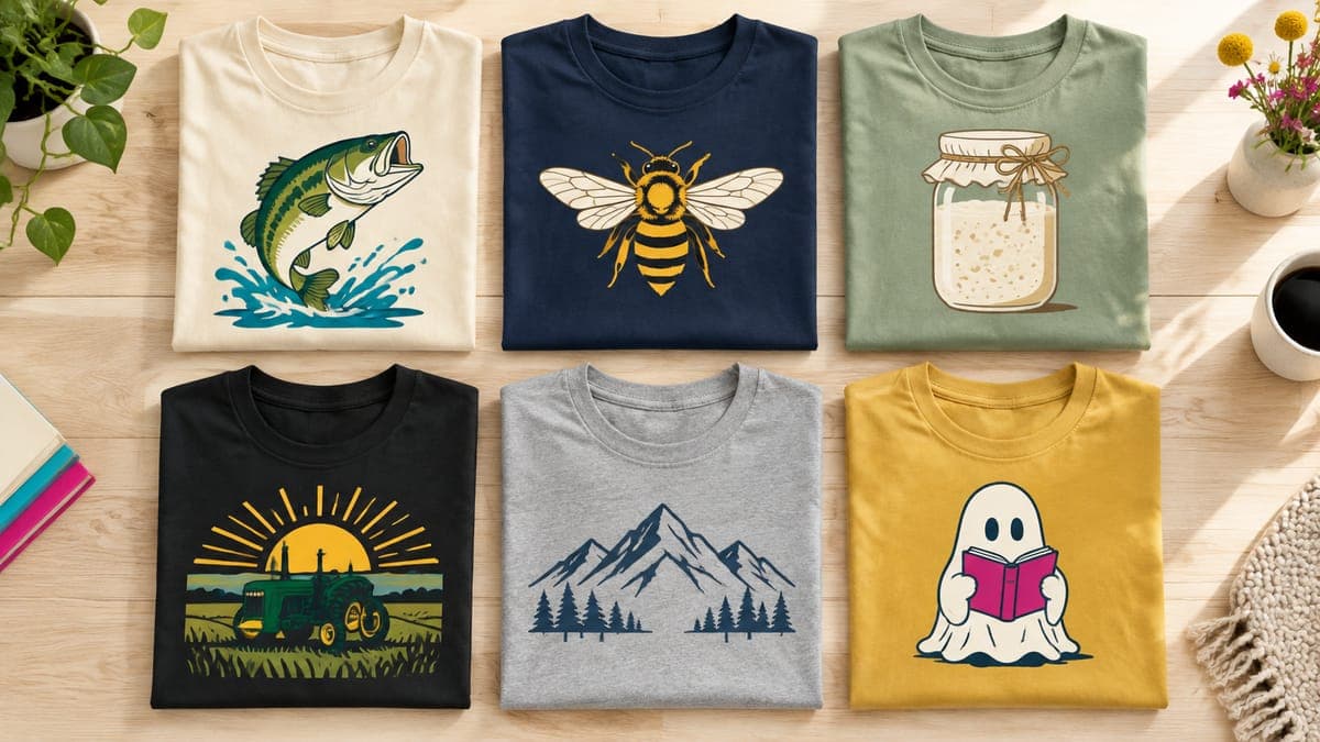 Six folded t-shirts in a grid, each with a simple graphic for a different niche such as fishing, bees or baking