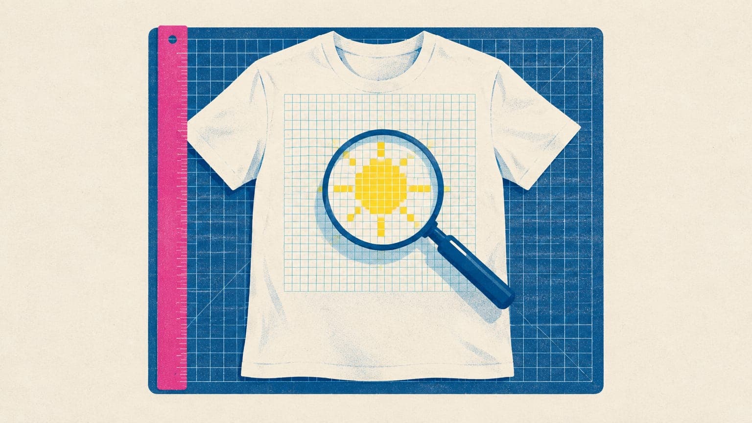T-shirt on a cutting mat with a ruler, a grid overlay and a magnifying glass showing the pixel grid of a sun motif