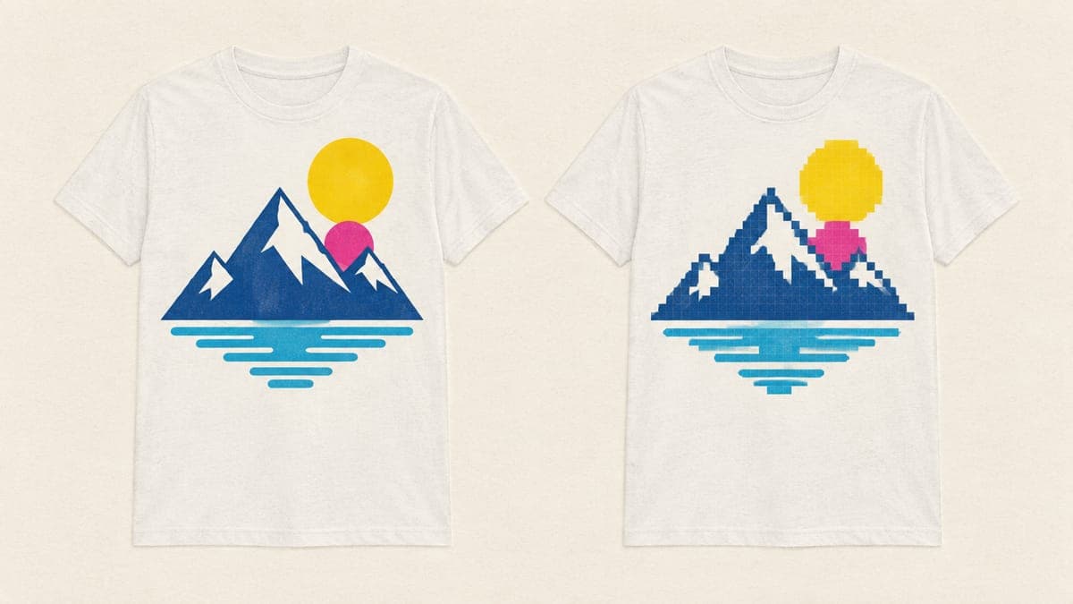 Two t-shirts with the same mountain graphic, crisp on the left and blocky and pixelated on the right