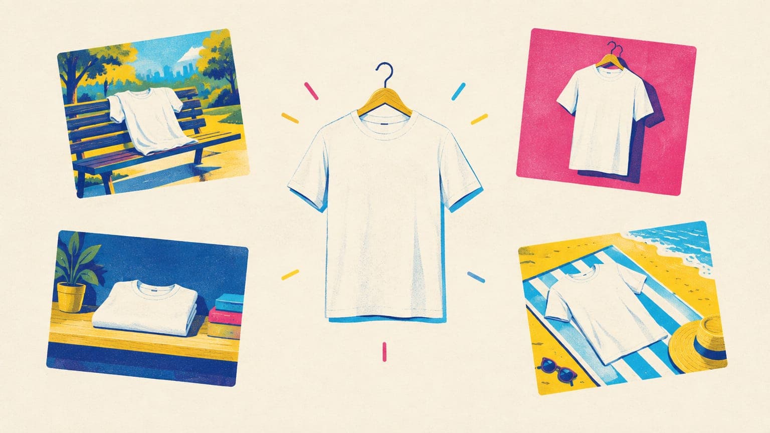 White t-shirt on a hanger surrounded by floating cards showing the same shirt in different settings