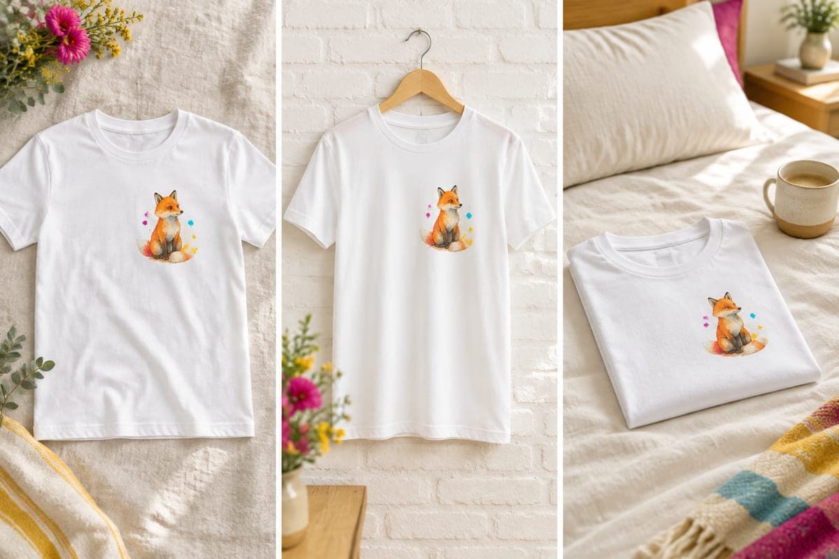 The same fox-print white t-shirt shown flat on linen, on a hanger by a brick wall and folded on a bed