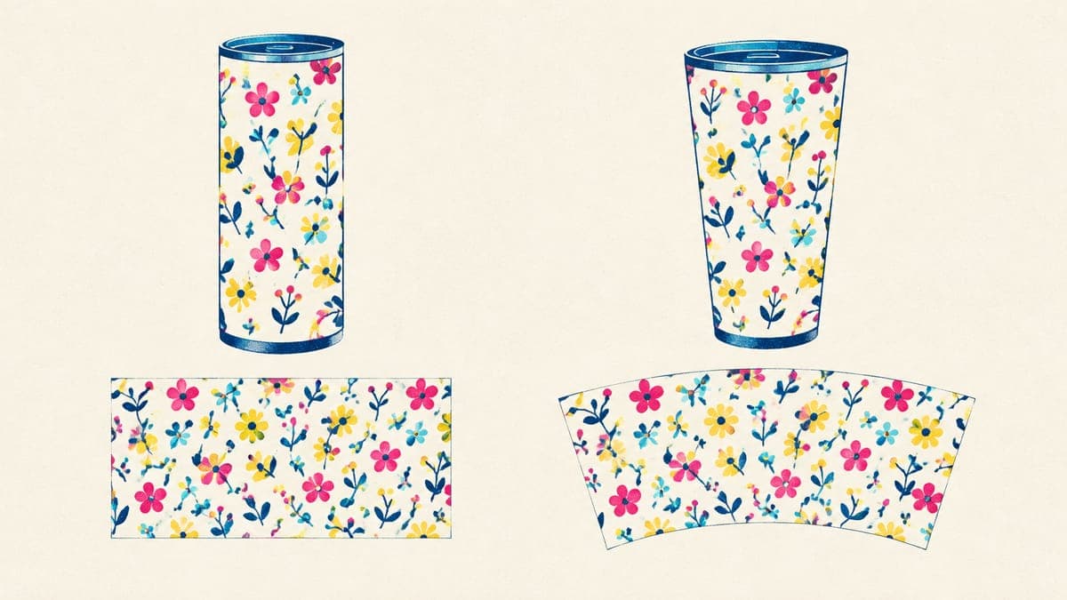 A straight tumbler above a rectangular wrap and a tapered tumbler above a curved arc-shaped wrap