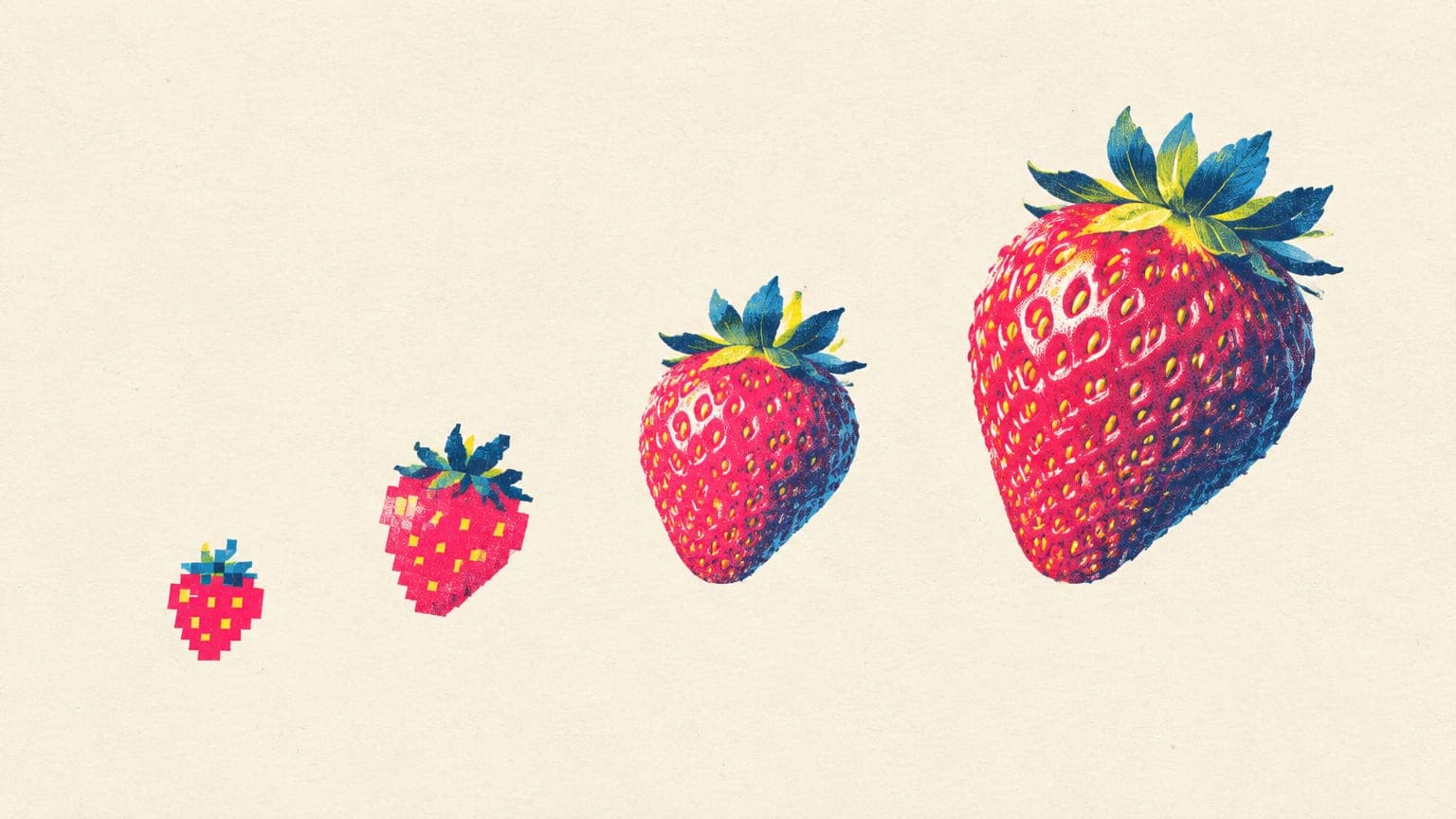 Row of strawberries growing from small and pixelated on the left to large and sharp on the right
