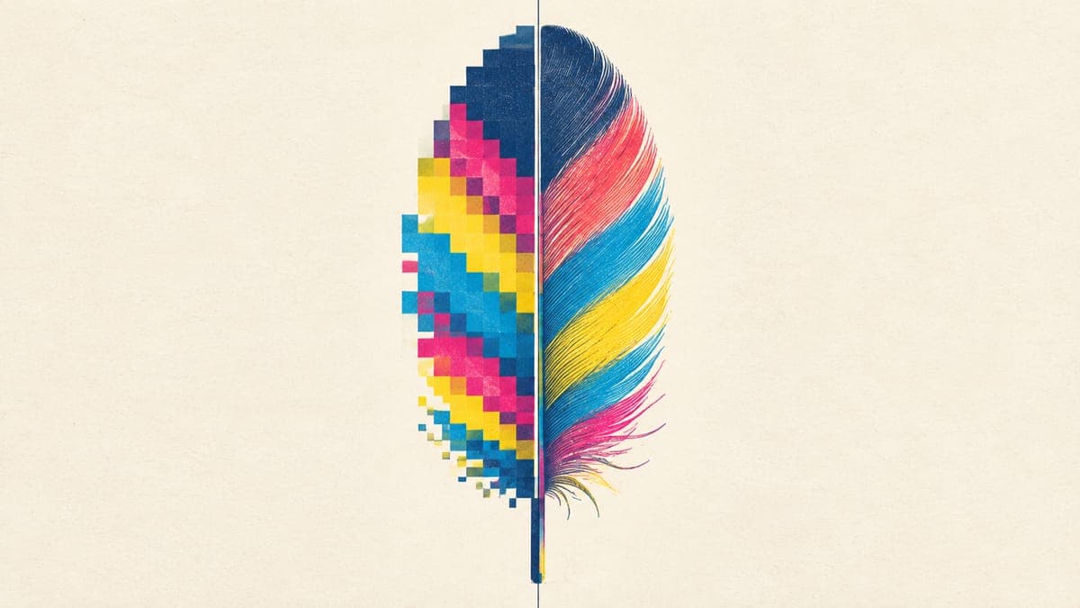 Close-up feather shown as coarse pixels on the left half and smooth fine detail on the right half