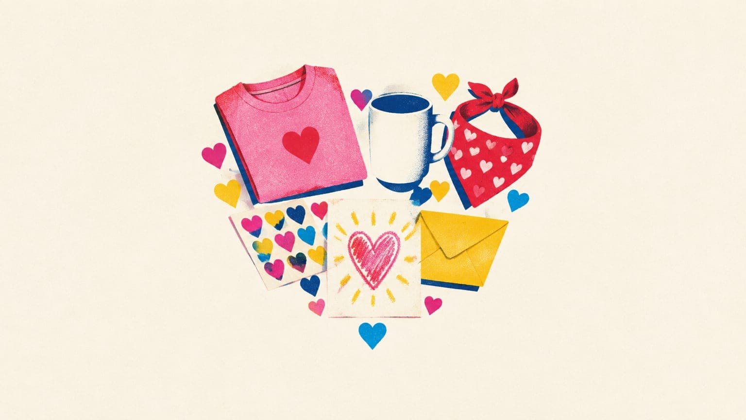 Pink tee, mug, pet bandana, heart stickers, a crayon drawing and an envelope arranged into one big heart