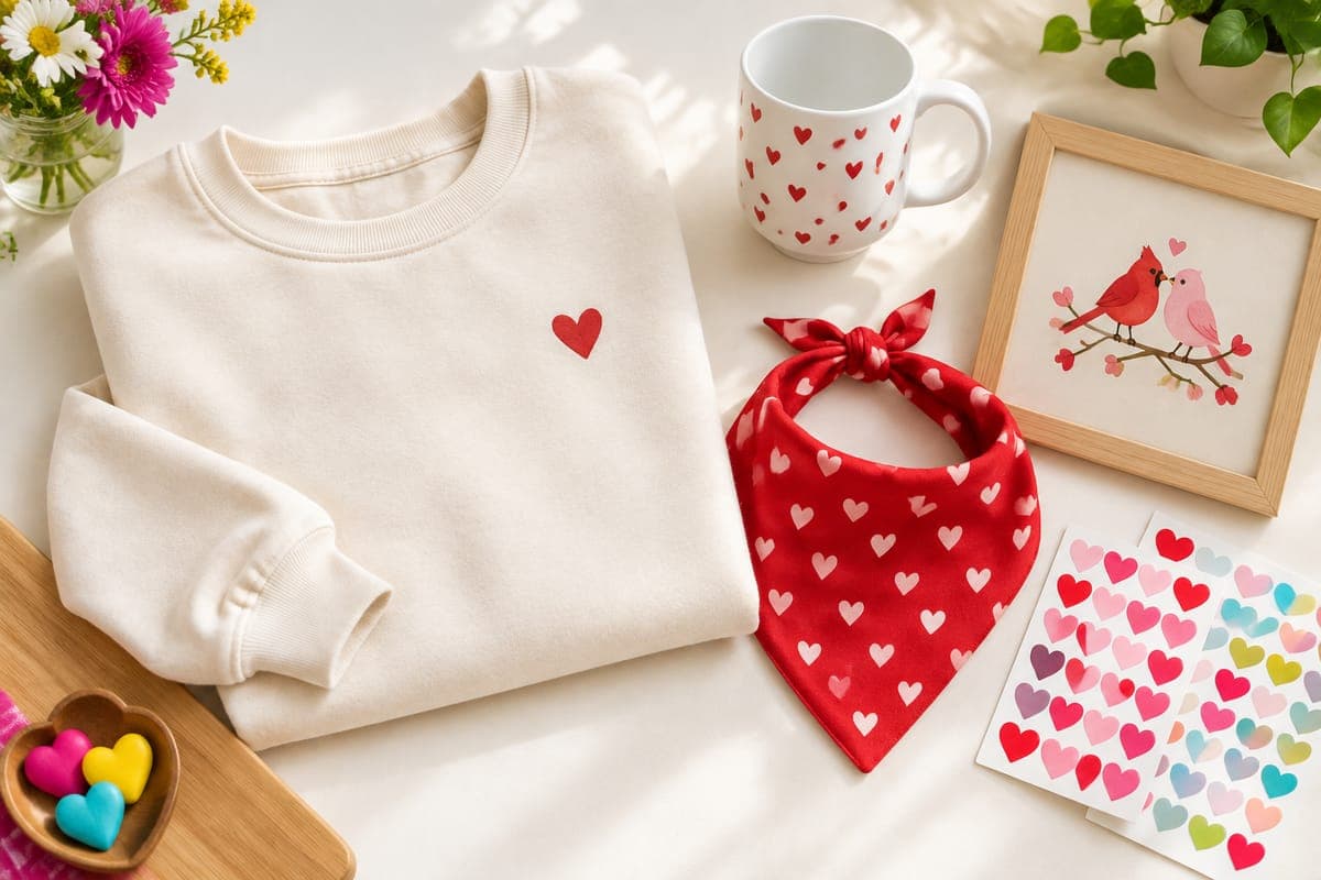 Cream heart sweatshirt, heart mug, red dog bandana, heart stickers and a small framed print of two birds