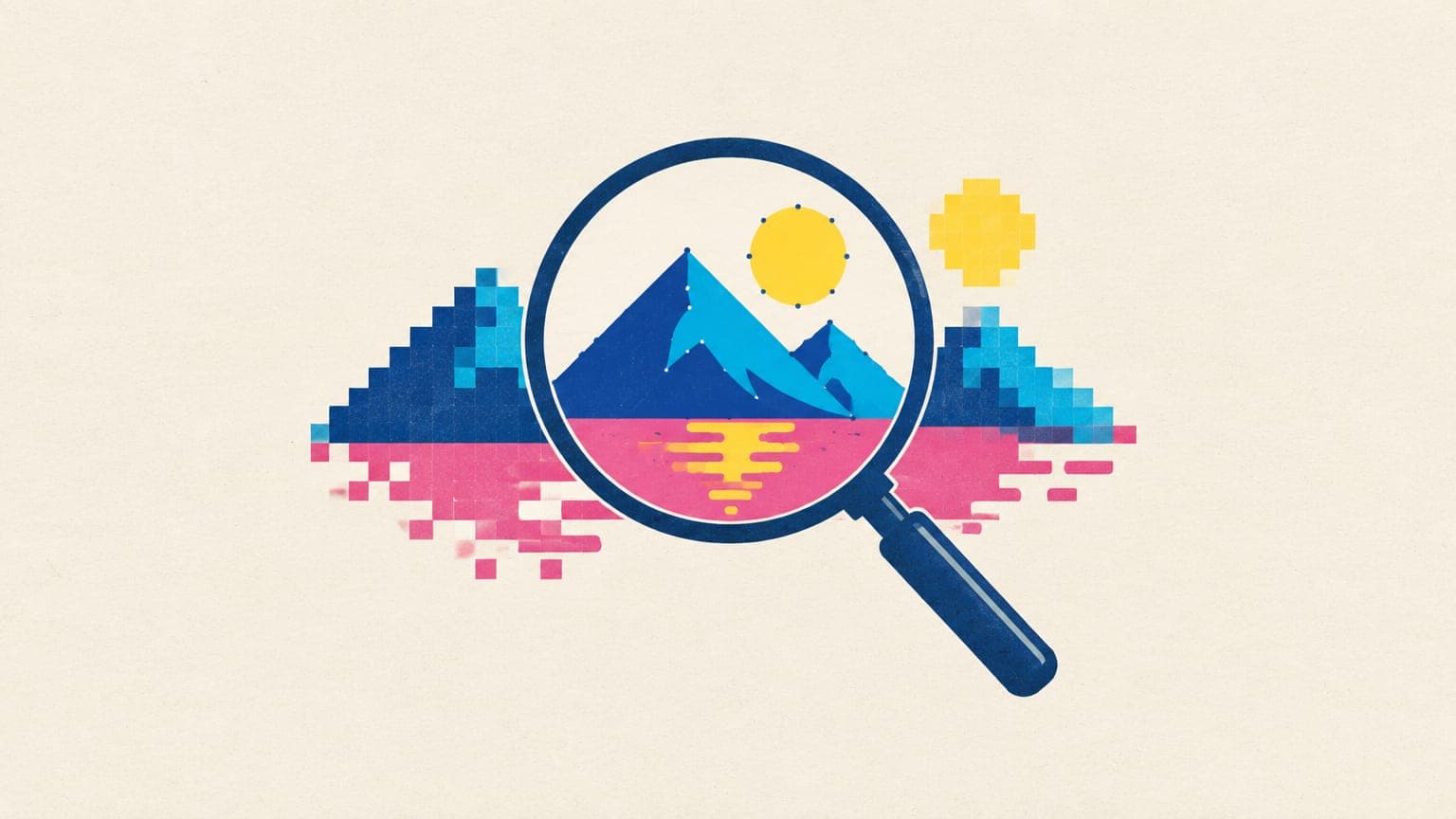 Magnifying glass showing a pixelated mountain graphic turning into smooth vector curves inside the lens