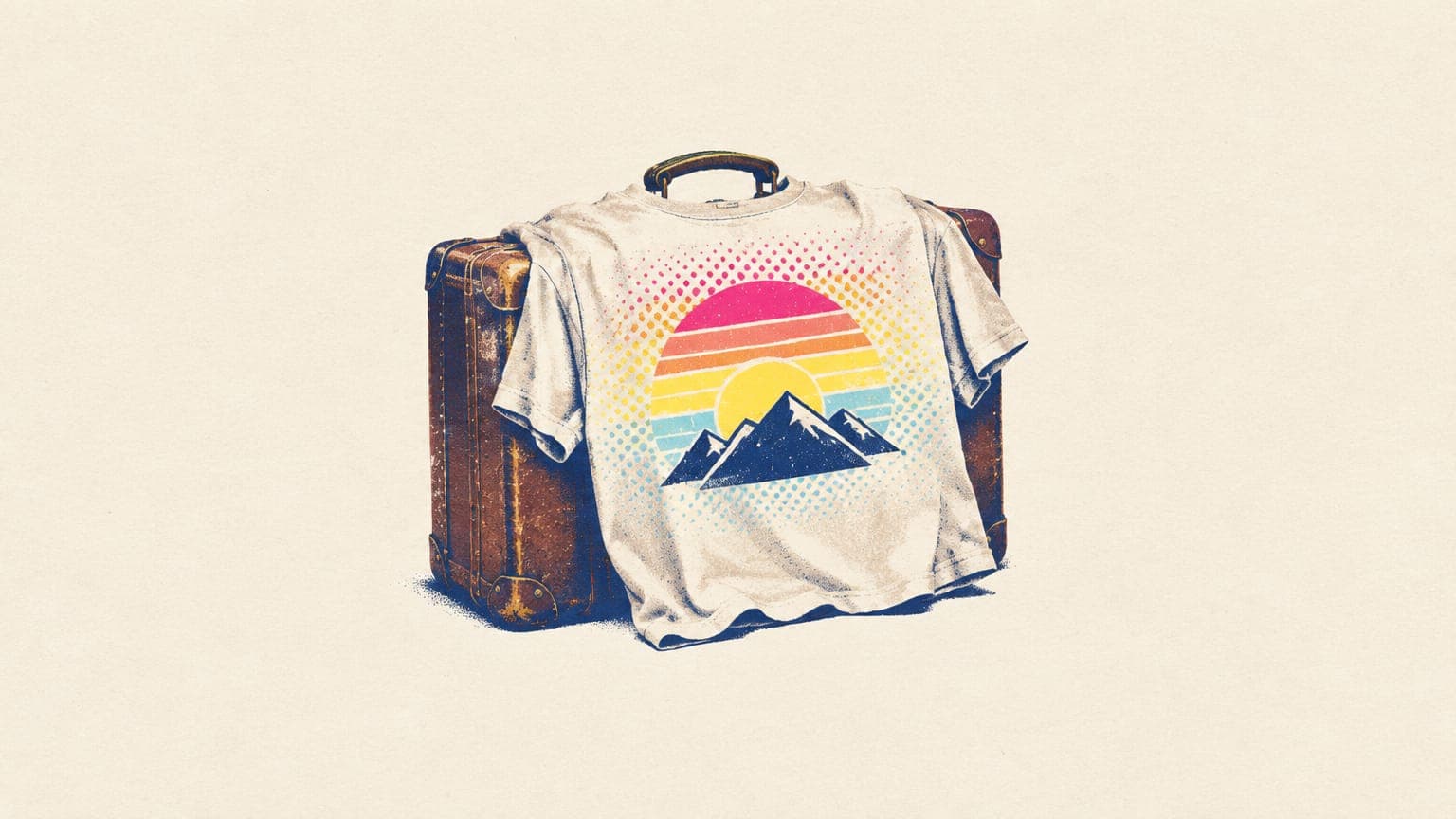 Faded t-shirt with a worn retro striped sunset and mountains print, draped over an old leather suitcase