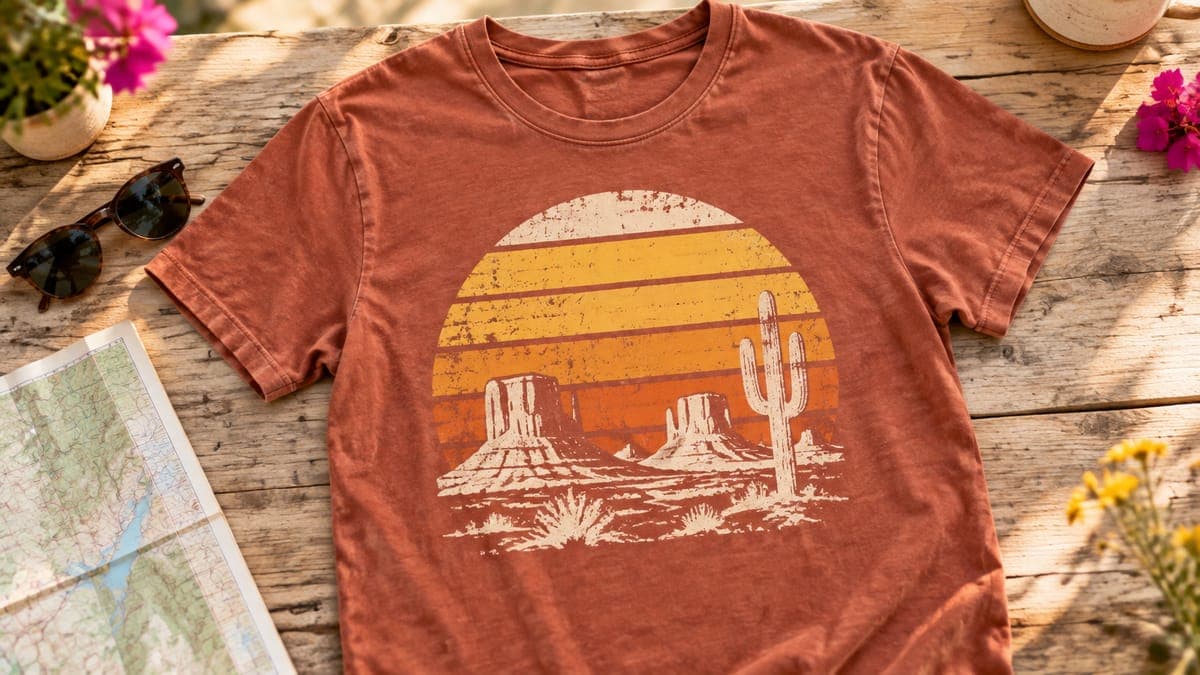 Rust garment-dyed t-shirt with a lightly distressed retro sunset, mesa and cactus print on a wooden table