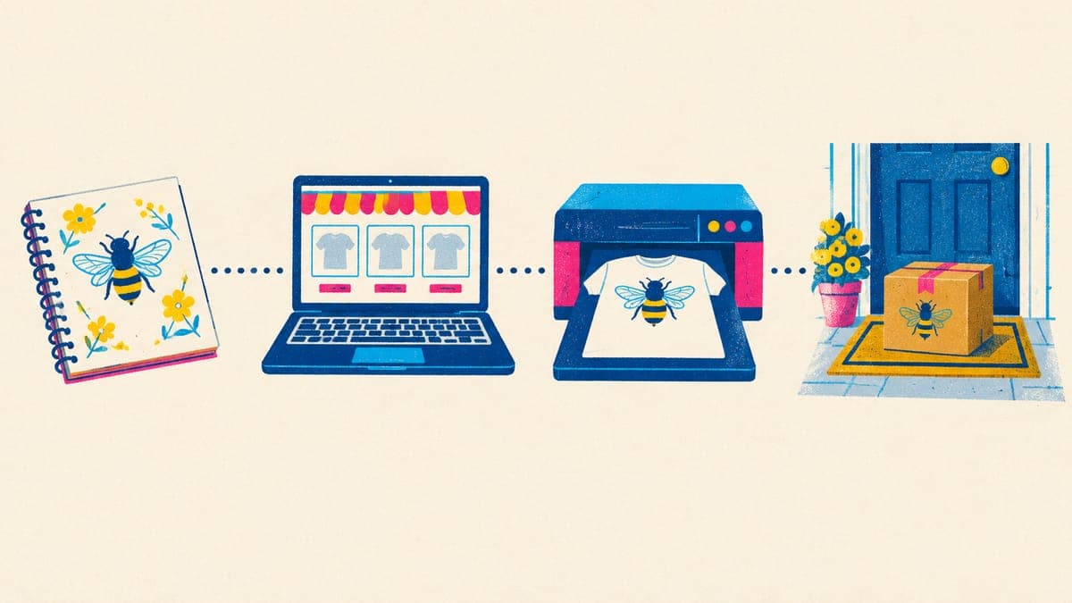 Illustration of the POD flow: a design sketch, an online shop, a printer printing a t-shirt and a parcel on a doorstep.