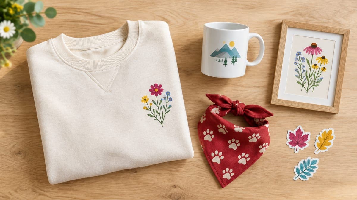 Flat lay of a sweatshirt, mountain mug, framed botanical print, dog bandana and leaf stickers on wood